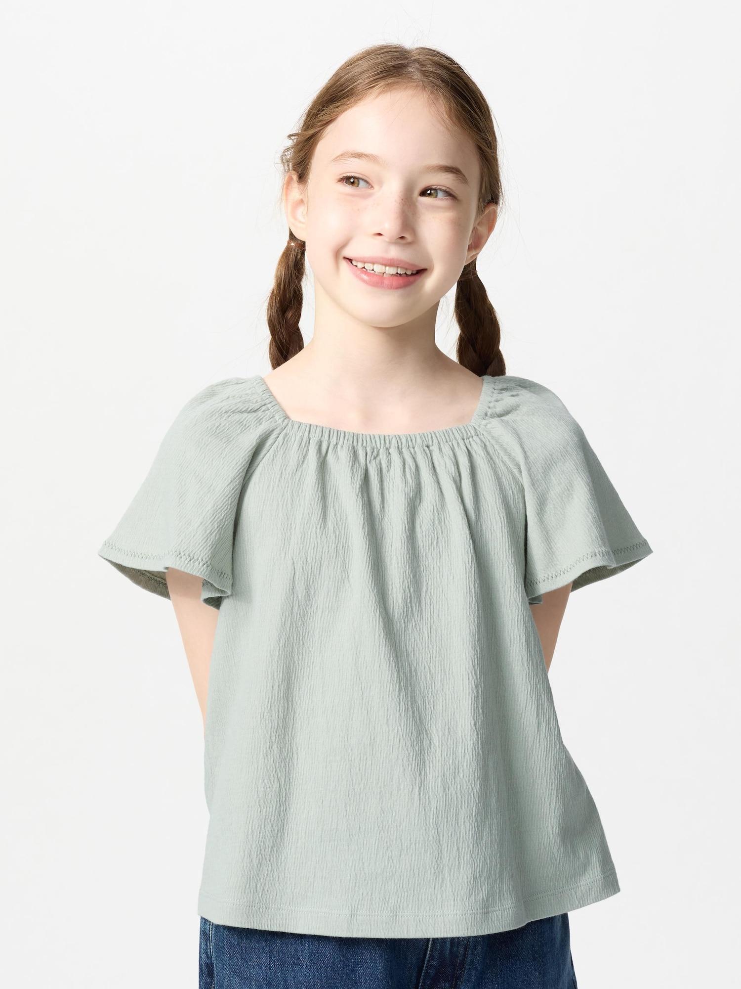 

Uniqlo Japan Girls GaTher Flare Sleeve T shirT 52 GREEN/110