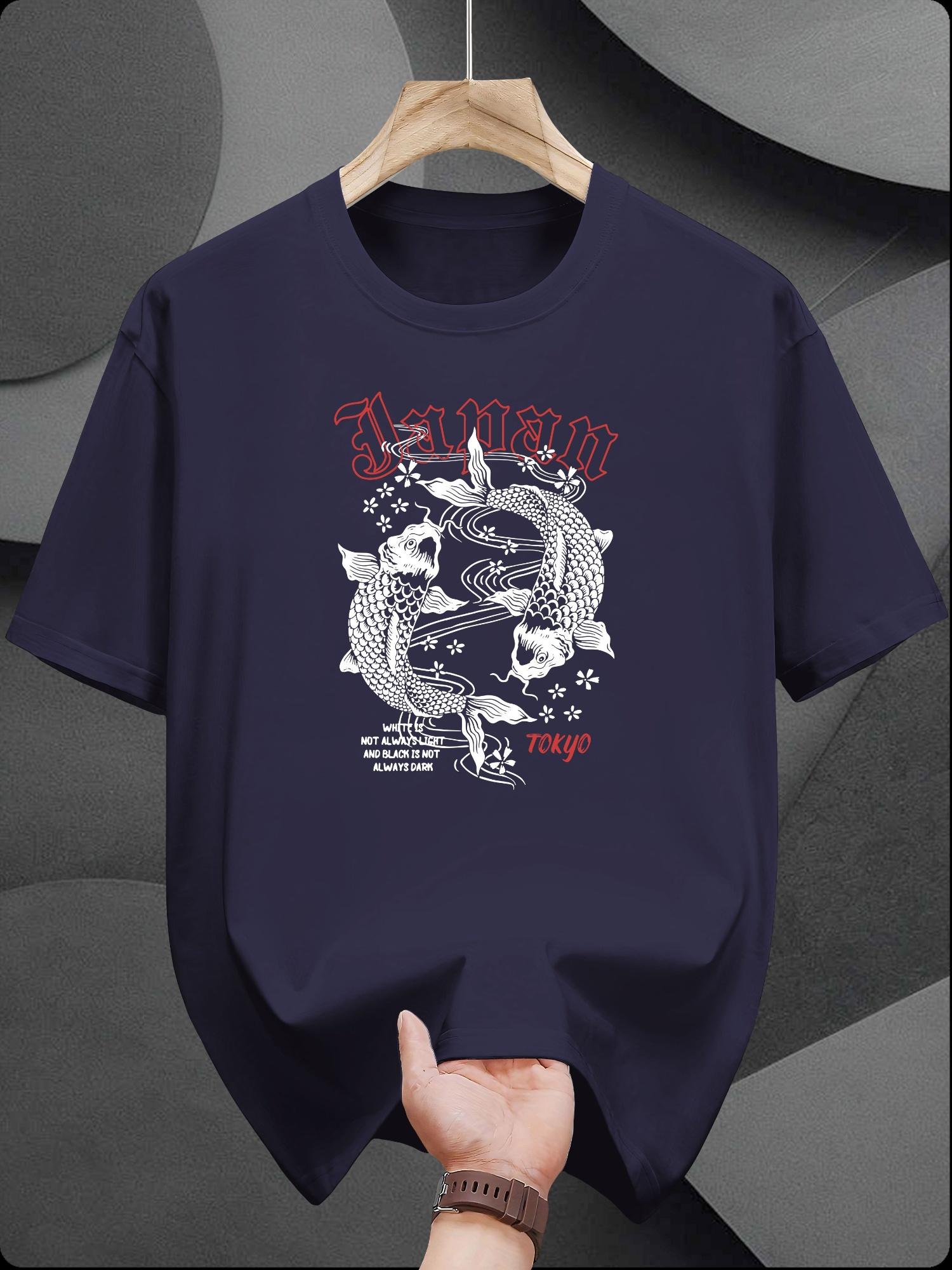 Casual Cotton T-shirt with Intricate Dragon & Phoenix Print - Short Sleeve S