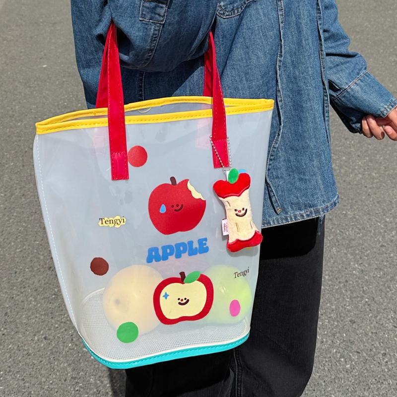 Jelly Beach Bag Waterproof Kawaii Print Pvc Storage Bag Transparent Travel Handbag Shoulder Bag Shopping Bag With Cute Pendant