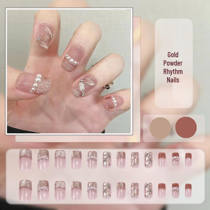 Cat Eye Press-On Nails: Luxurious Nail Art Tips with Stone Glass Beads In Long & Short Whitening Styles