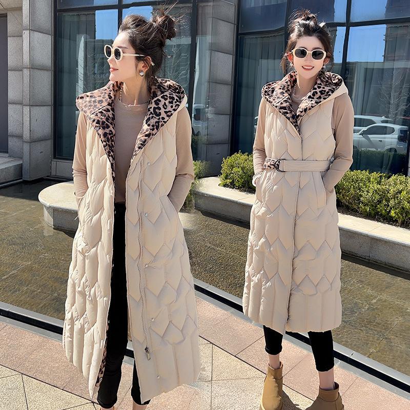 European and American leopard print plus slim-fitting hooded cotton vest to keep warm in autumn and winter women's long thin down cotton vest vest