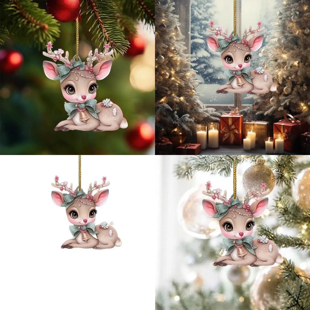 Car Christmas Acrylic Pendant With Butterfly Knot Bell Print Deer For Decor