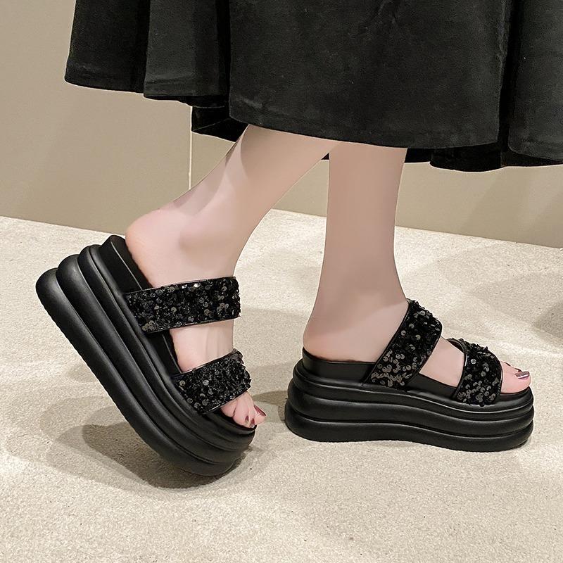 Mode Sommer Damen Hausschuhe Flip-Flops Damen Strand Bling Klobige Schuhe Keilabsätze Draußen Sandalen Frau Hohe Plateau Hausschuhe 9CM