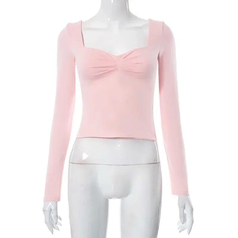 Autumn Y2K T-Shirts Solid Square Neck Long Sleeve Side Split Top Womens T-shirt For Women Streetwear Clothes 29669