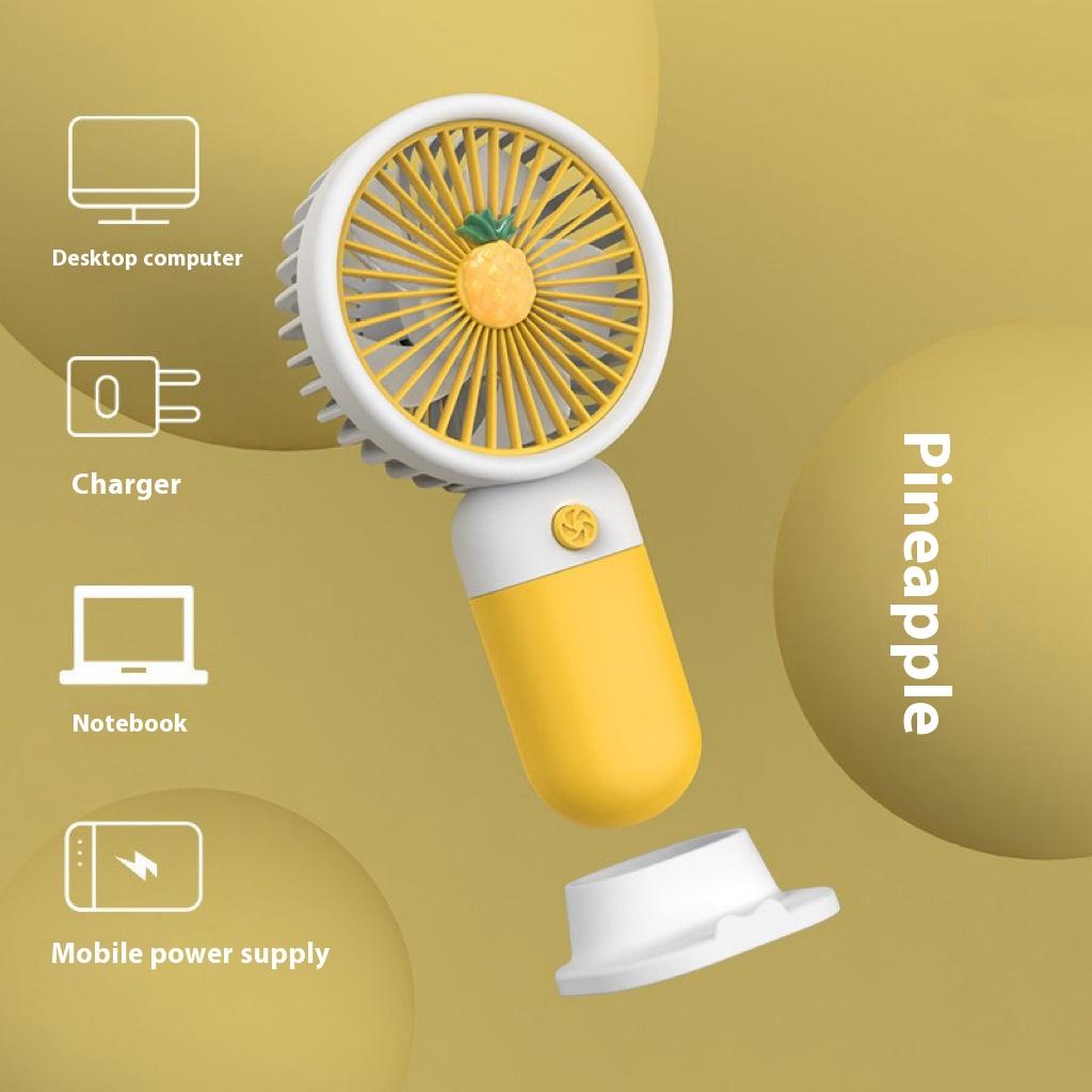 Mini-Ventilator für den Sommer, tragbarer Handventilator mit niedlichen Cartoon-Motiven, ideal für Schüler, mit USB-Ladefunktion und verschiedenen Fruchtmotiven in unterschiedlichen Farben.