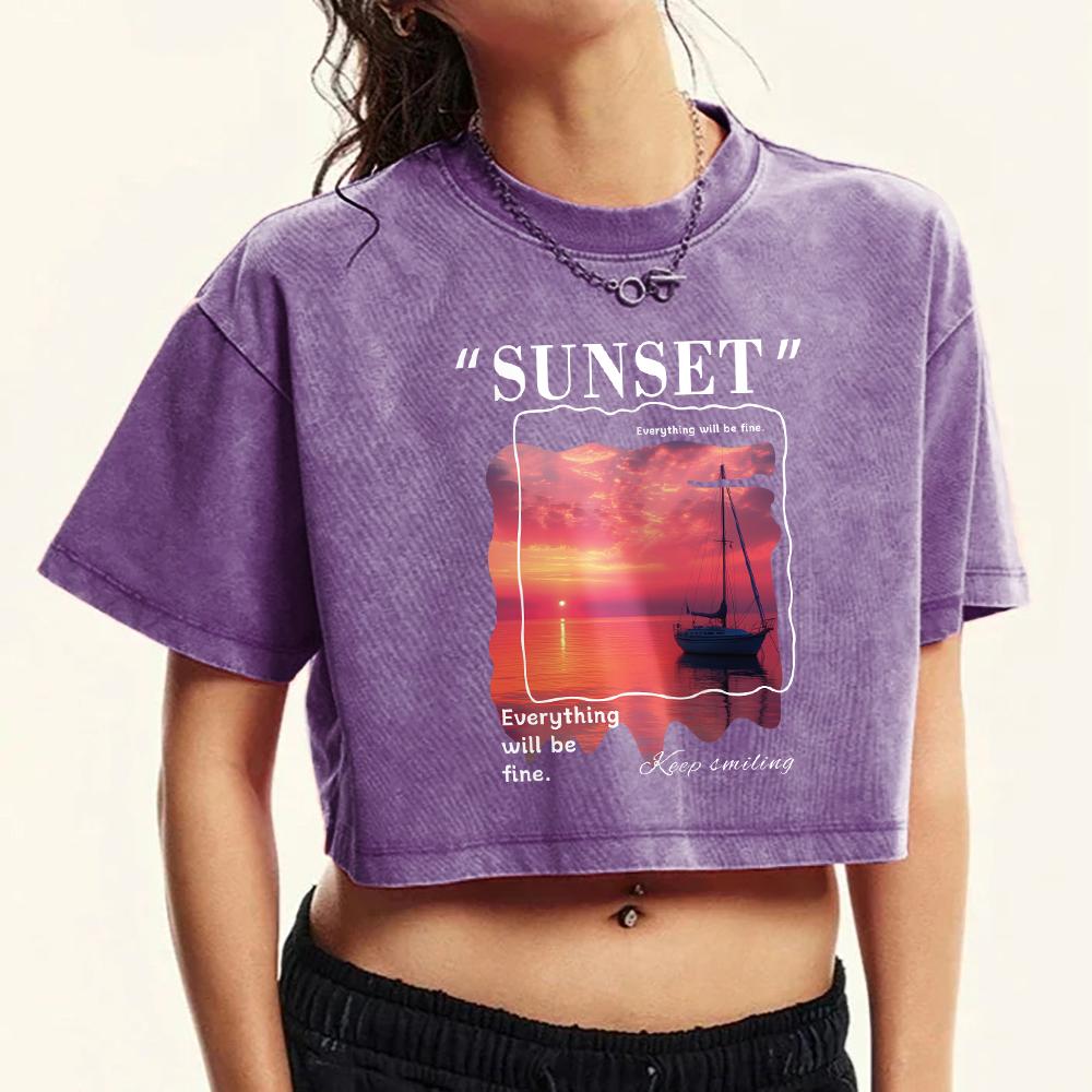 

Женская футболка с принтом заката на морском побережье, выстиранная, повседневная, с коротким рукавом, ретро, из хлопка, спортивная, модная, кроп-топ L