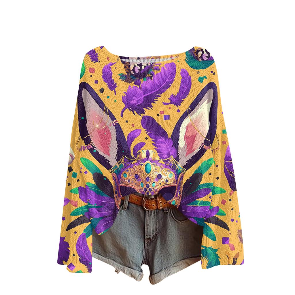 Damen Casual Mode Rundhals Oberteil Karneval Print Langarm Strickpullover