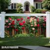 2D Romantic Rose Vine Fence Backdrop, Natural Garden Scene Garage Door Cover for Party Decoration