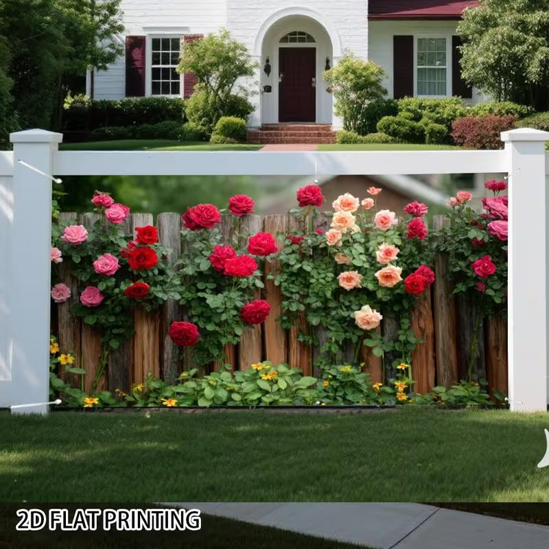 2D Romantic Rose Vine Fence Backdrop, Natural Garden Scene Garage Door Cover for Party Decoration
