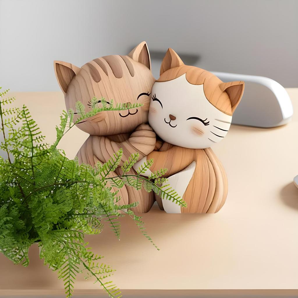 2D Flat Cat Wooden Dog Couple Sculpture Enthusiast Gift Light and Dark Wood Grain Desktop Entrance Desk Accessories