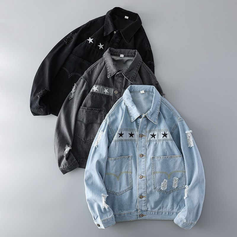 Ripped Black Embroider Workwear Denim Jacket Men's Spring and Autumn Trendy Retro Export Export Tail Single Men's Clothing Jacket