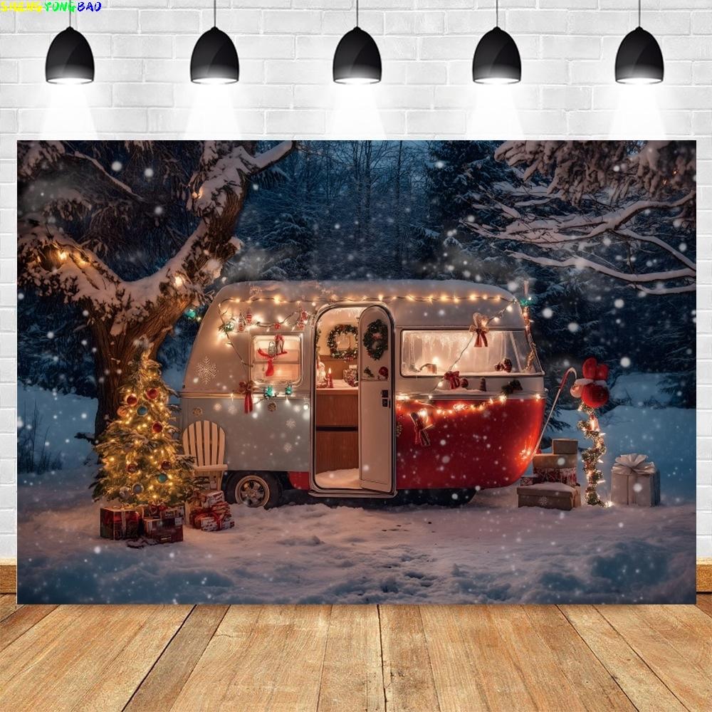 Christmas Outdoor Camping Car Photography Background Winter Forest Xmas Trees Kids Family Portrait Decor Backdrop Photo Props