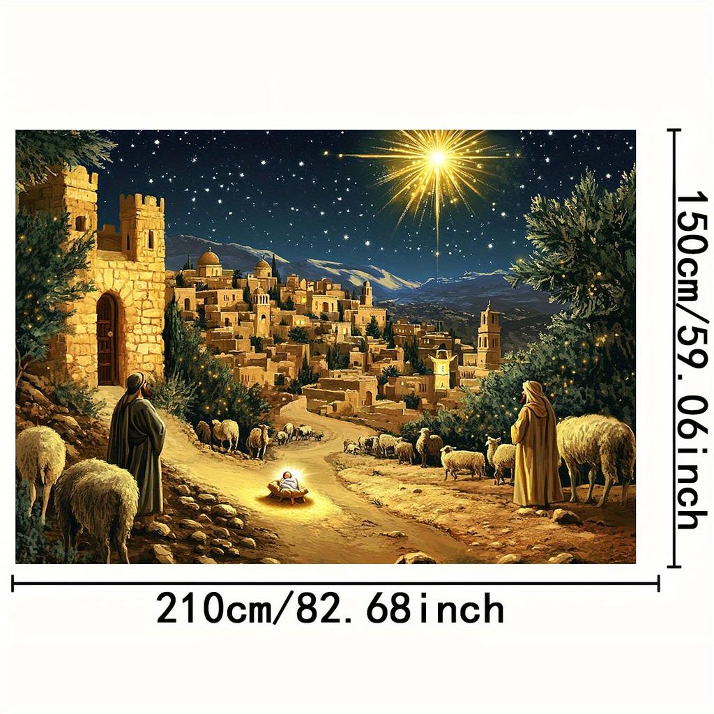 2D plane  1 piece of Bethlehem Christmas background cloth - starry night scene of shepherds and baby Jesus  durable polyester