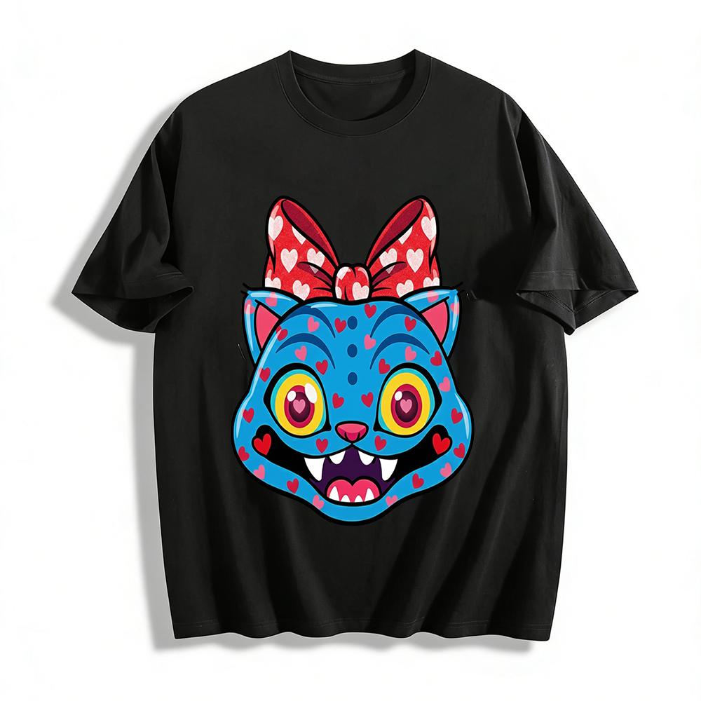 Cute Blue Cat with Heart Print Top Bow Decorated Animal Pattern Casual Loose Fit T-Shirt Pure cotton T-shirt XXS