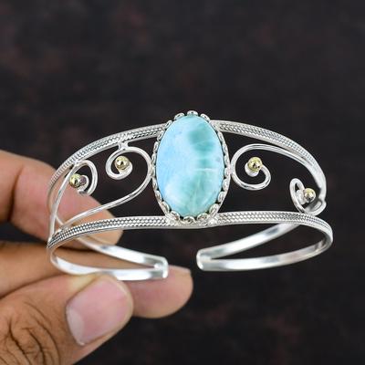 Larimar Cuff Bracelet 925 Sterling Silver Bangle 18K Gold Plated Adjustable Bangle Handmade Cuff Bracelet Real Gemstone Jewelry Gift For Mom