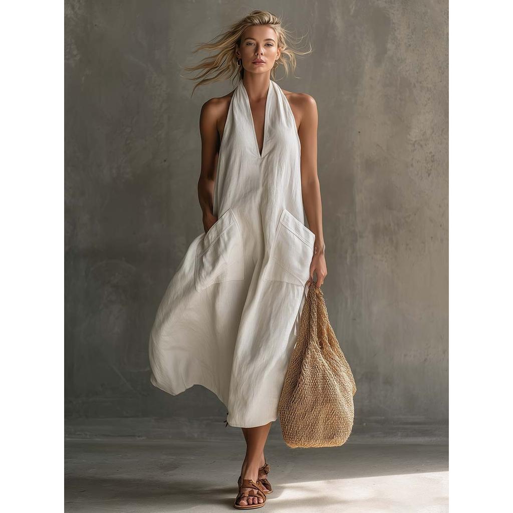 Nuevo Vestido de Verano Casual Vintage de Lino para Mujer, Vestido Midi sin Mangas con Escote en V y Bolsillo de Parche para Vacaciones