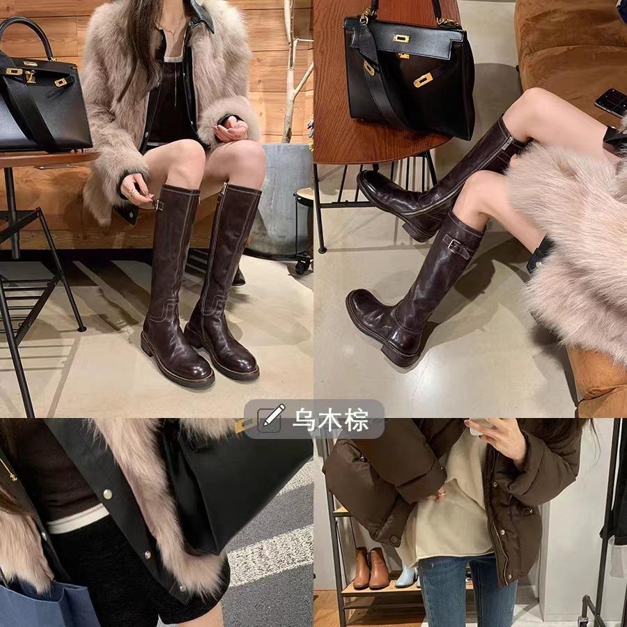 Grape mother has the same washed horse leather, European and American round head belt buckle, thick-soled medium and high knight boots, women's kne