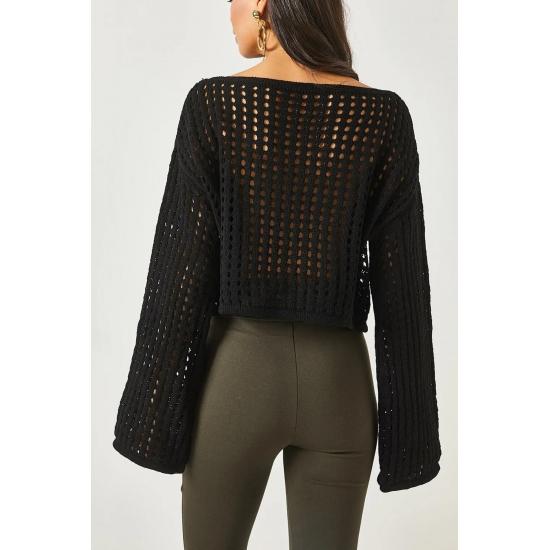 Bluză de damă spaniolă cu mâneci spaniole, guler larg, ajurata, cu găuri libere, tricotaje