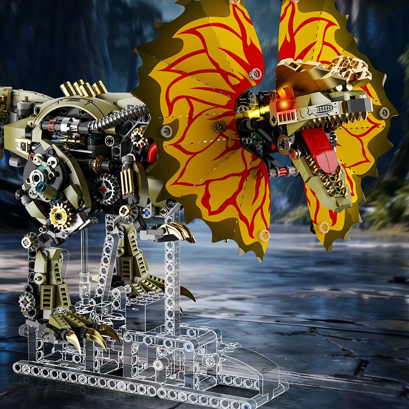 Non-Toxic 1277Pcs Mechanical Dinosaur Blocks Dual Crested Dilophosaurus Light Up Moving Model Jurassic Decor Creative Gift Set