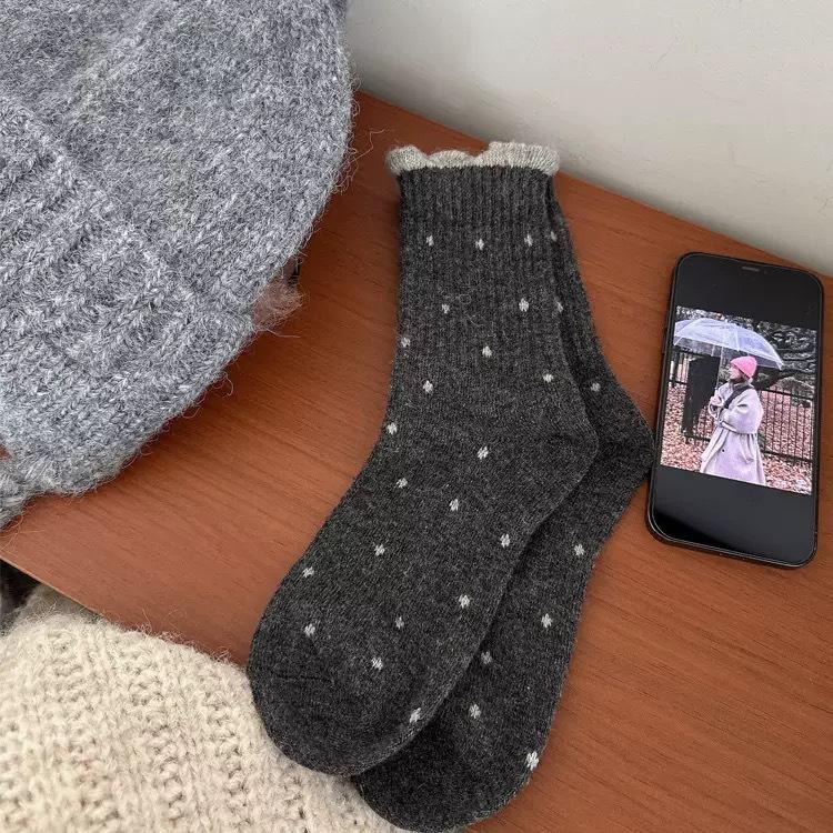 Polka Dot Wool Socks Children'S Autumn And Winter Gray Medium Tube Socks Thickened Warm Cashmere Cotton Socks Retro Lace Tube Socks