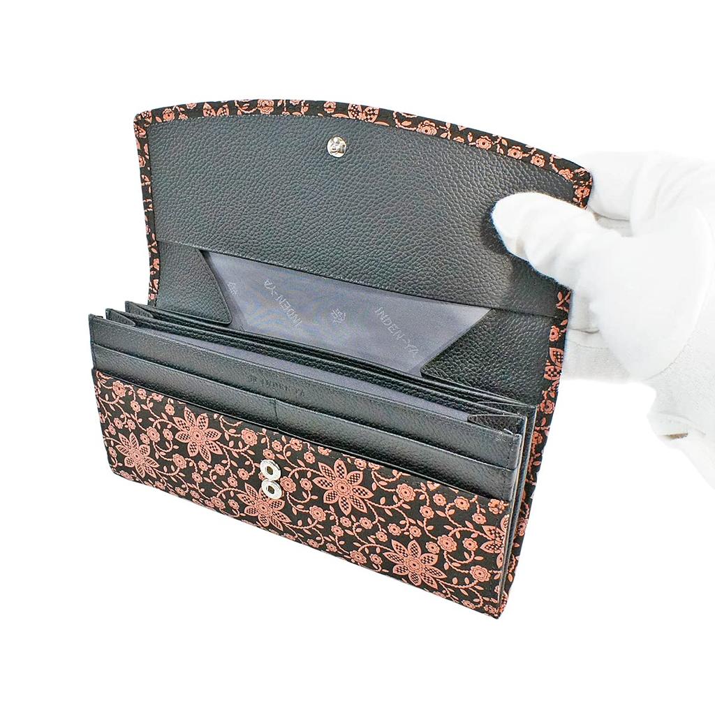 Indenya Inden Long Wallet, Large Capacity, Deerskin Leather, Black with Pink Lacquer, Clematis Pattern, 2314-51-169