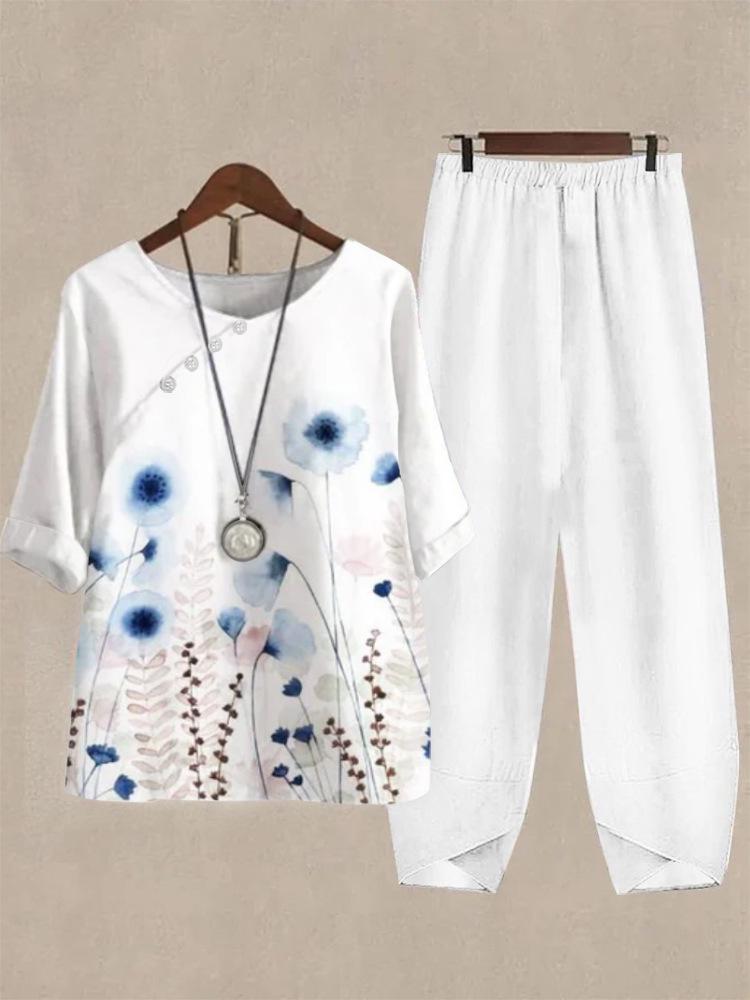 2023 Women's Casual Round Neck Five-Sleeve Top & Digital Print Two-Piece Set