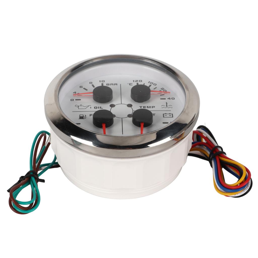 4in1 85mm Guage Multifunction Fuel Level Oil Pressure Water Temp Volt Meter DC 9‑32V for Car RV Boat Motorcycle White