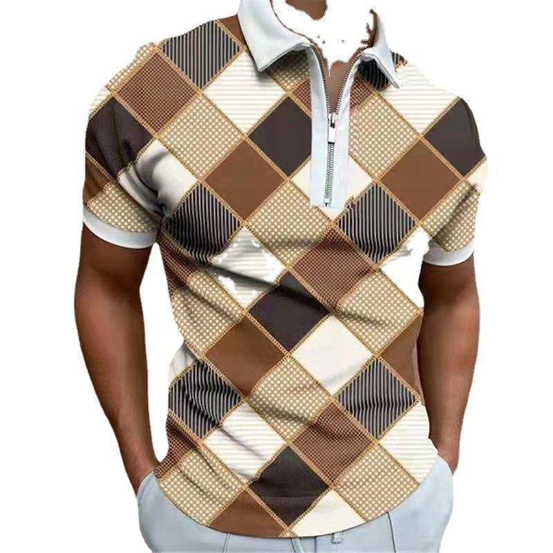 Modern Zip-up Short Sleeve Polo Shirt, Houndstooth Pattern for Versatile Casual Look