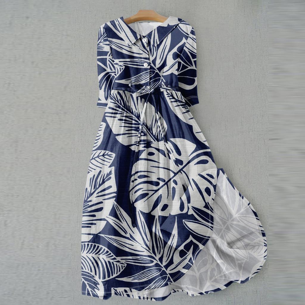Women's Fashion Vintage Floral Print Lapel Button Three Quarter Sleeves Strappy Dress