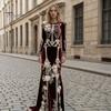 Halloween Cosplay Costume Women Skeleton Print Maxi Dress, Gothic Long Sleeve Dress with Velvet 3D Flower Decor, Floral for Party