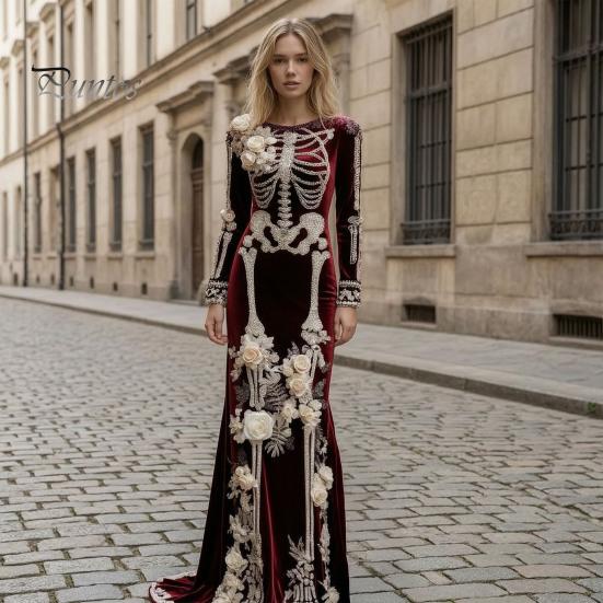 Halloween Cosplay Costume Women Skeleton Print Maxi Dress, Gothic Long Sleeve Dress with Velvet 3D Flower Decor, Floral for Party