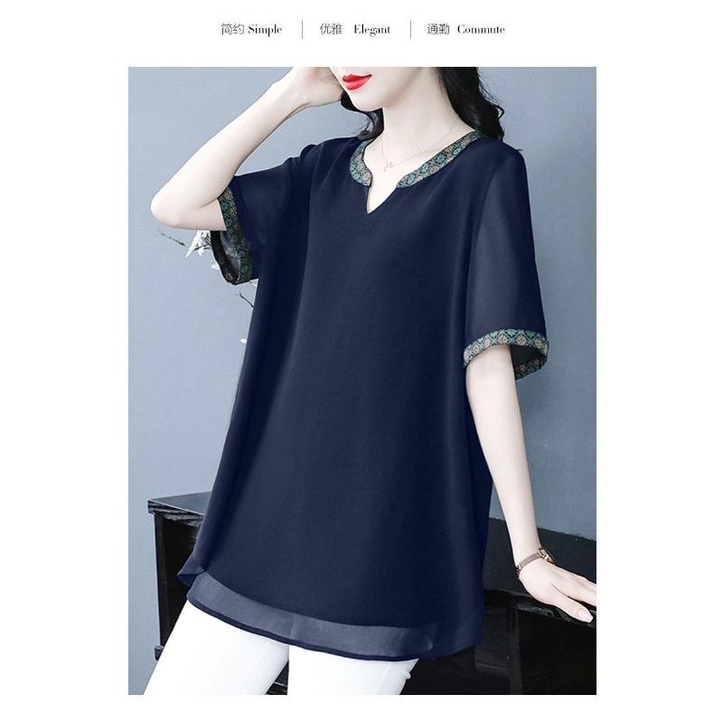 Short-sleeved Shirt for Women Summer New Plus Size Women's High-end Ethnic Style Chiffon Shirt Top
