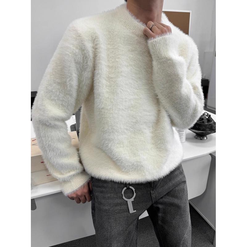 Męski sweter z sztucznego futra norek: Miękki Puszysty Dzianina, Okrągły Dekolt, Długi Rękaw, Swobodny Luźny Krój na Jesień/Zimę