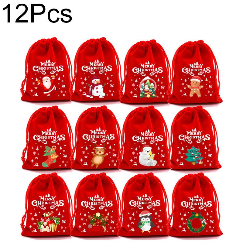 

6/8/12 шт. Упаковочные пакеты 2025 Пакет для конфет Красный Зеленый Рождественский Для подарков на вечеринку Бархатный Мультяшный узор Затягивающийся шнурок Подарочные пакеты 12PCS