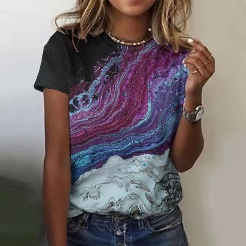 Letní barva Kravata Dye 3D tisk Trička Ženy Streetwear Neformální Móda Y2k Tričko s krátkým rukávem Tričko s výstřihem do O Trička Topy Oblečení