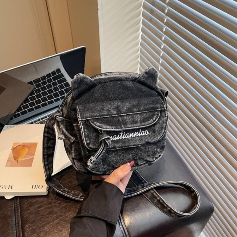 Market-4 Nieuwe Schattige Kattenoren Denim Mini Crossbody Tas Dames Casual Eenvoudige Schoudertas Leuke Portemonnee Reizen Buiten Kleine Portemonnee Portemonnee 19X15X7cm zwart