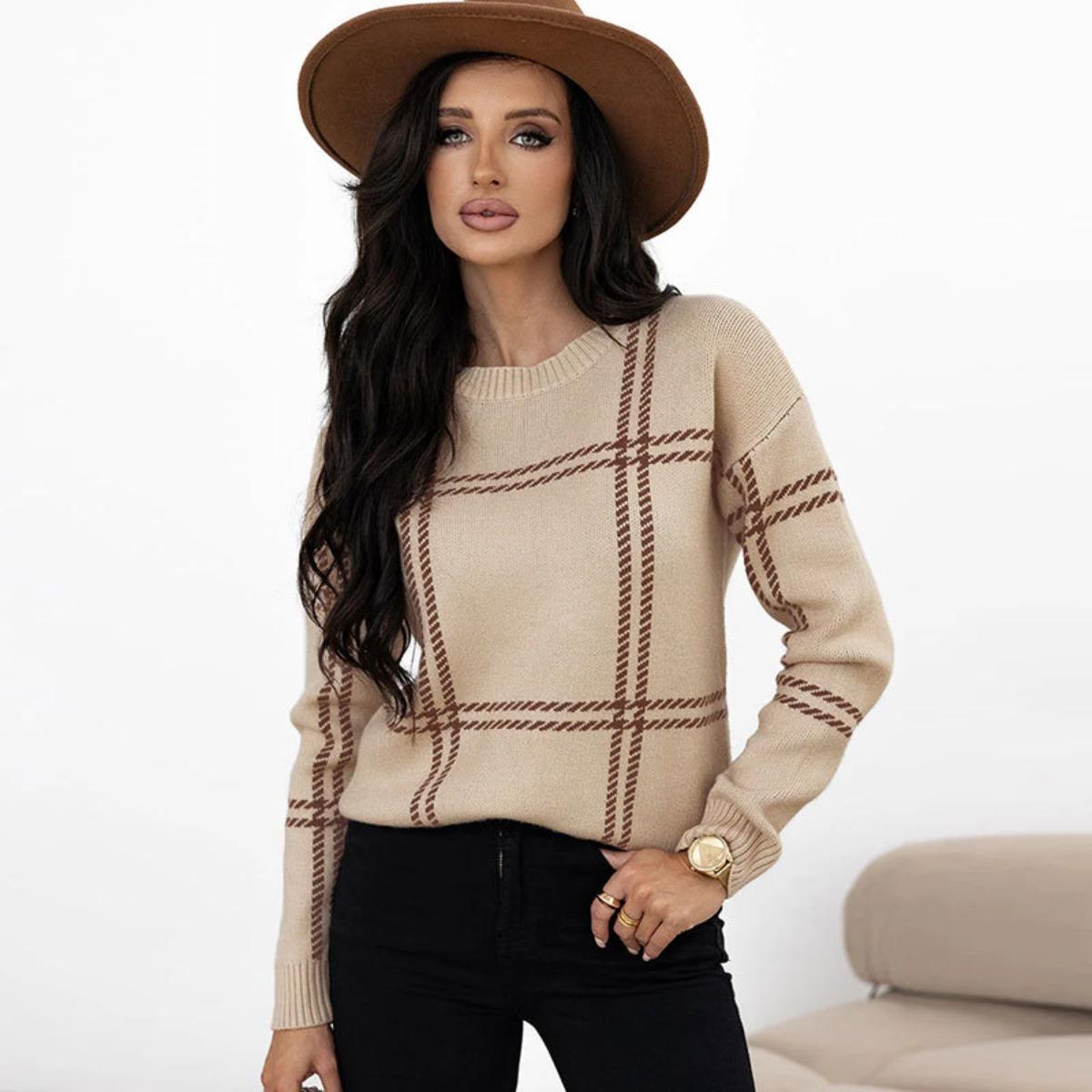 Women s Crew Neck Long Sleeve Loose Fit Elegant Plaid Knit Pullover Sweater Top S абрикосовый