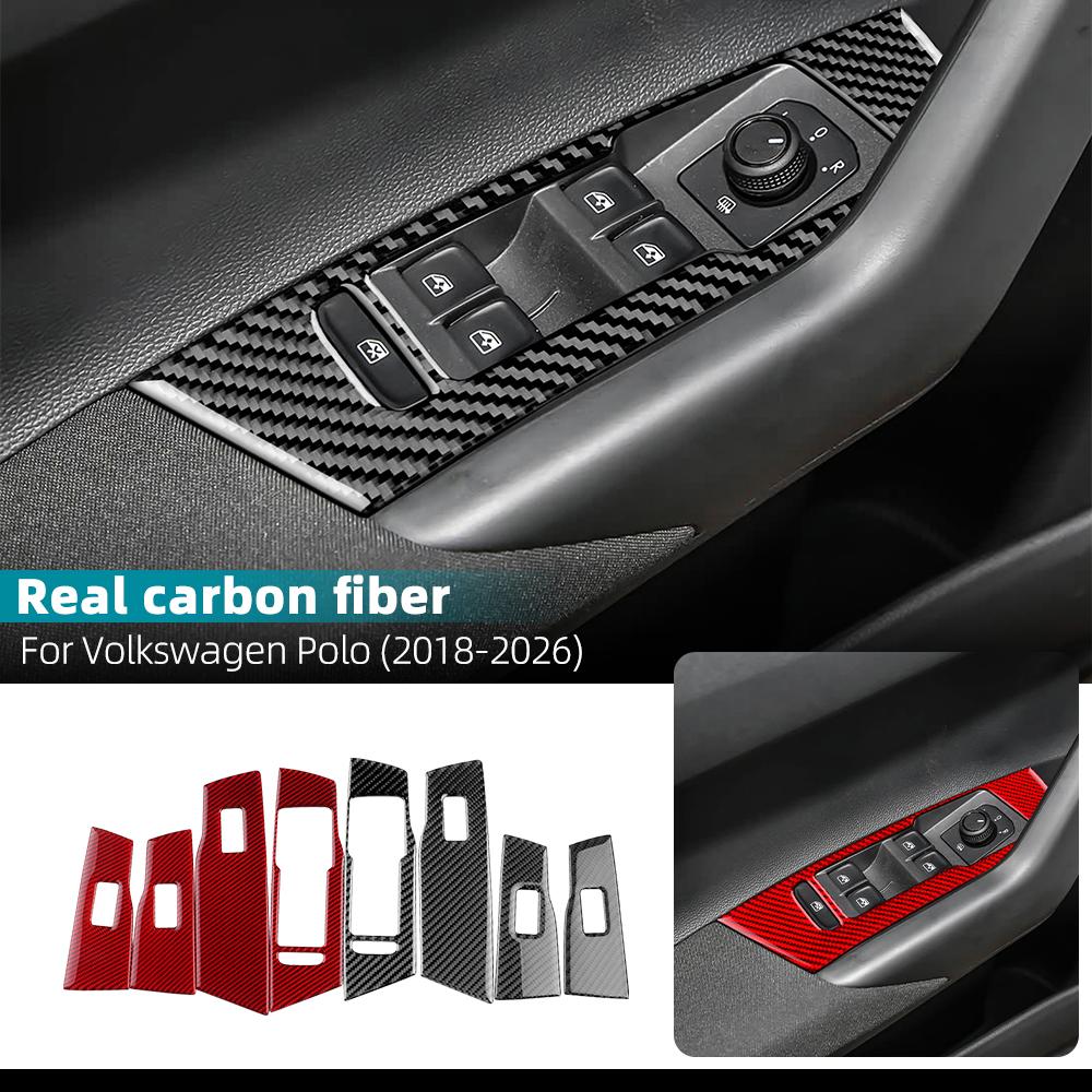 Carbon Fiber Window Switch Panel Frame Cover for Volkswagen Polo 2018-2026 LHD RHD Interior Trim