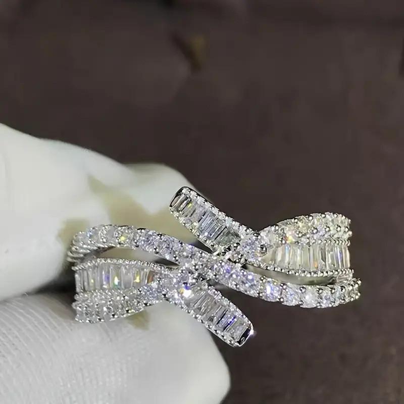 

925 Sterling Silver Cubic Zirconia Geometric Shaped Fashion Ring for Women Party Temperament Lady Jewelry 6
