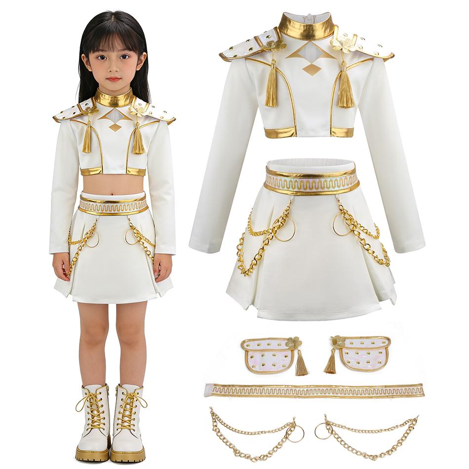 K-POP Style Halloween Party Costume for Kids Idol Performance Outfit with Glitter Top and Skirt Girls White Magic Group Costume