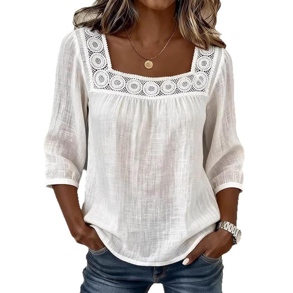 2026 Women's Summer Square Neck Lace Patchwork Cotton Linen Top