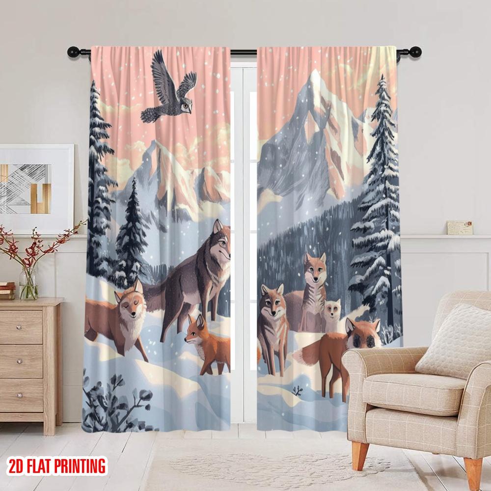 2pcs,2D Plane Printing Curtains&Window Treatment Winter Wolves Versatile Polyester (without Rod) Decorations For Home Ldeal for