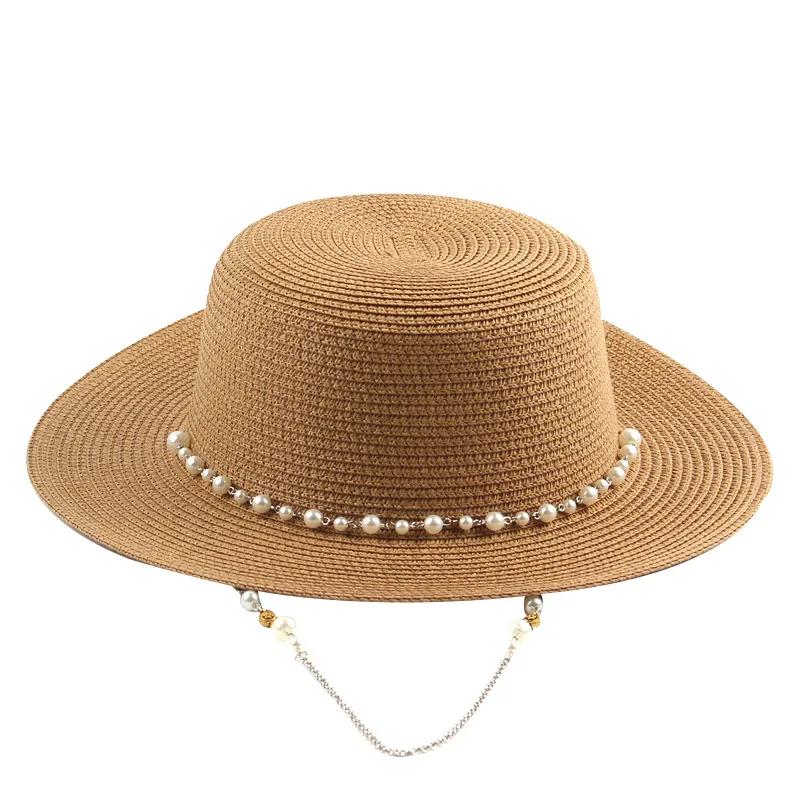 Women Summer Uv Protection Straw Sun Hat Wide Brim Korean Style Pearl Decor Beach Foldable Travel Elegant Lightweight