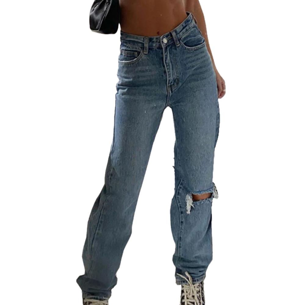 Mujeres Ripped Rodilla Corte Denim Jeans Pantalones Casual Loose Striaght  Leg Trouesrs Plain Bottoms comprar a buen precio — entrega gratuita,  reseñas reales con fotos — Joom