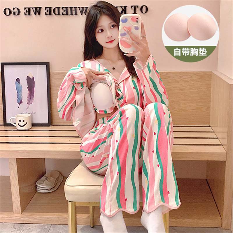 

Мультяжная пижама с нагрудными вкладышами для женщин на весну и осень, тонкий кардиган, длинные рукава, брюки, милый и симпатичный домашний комплект XL