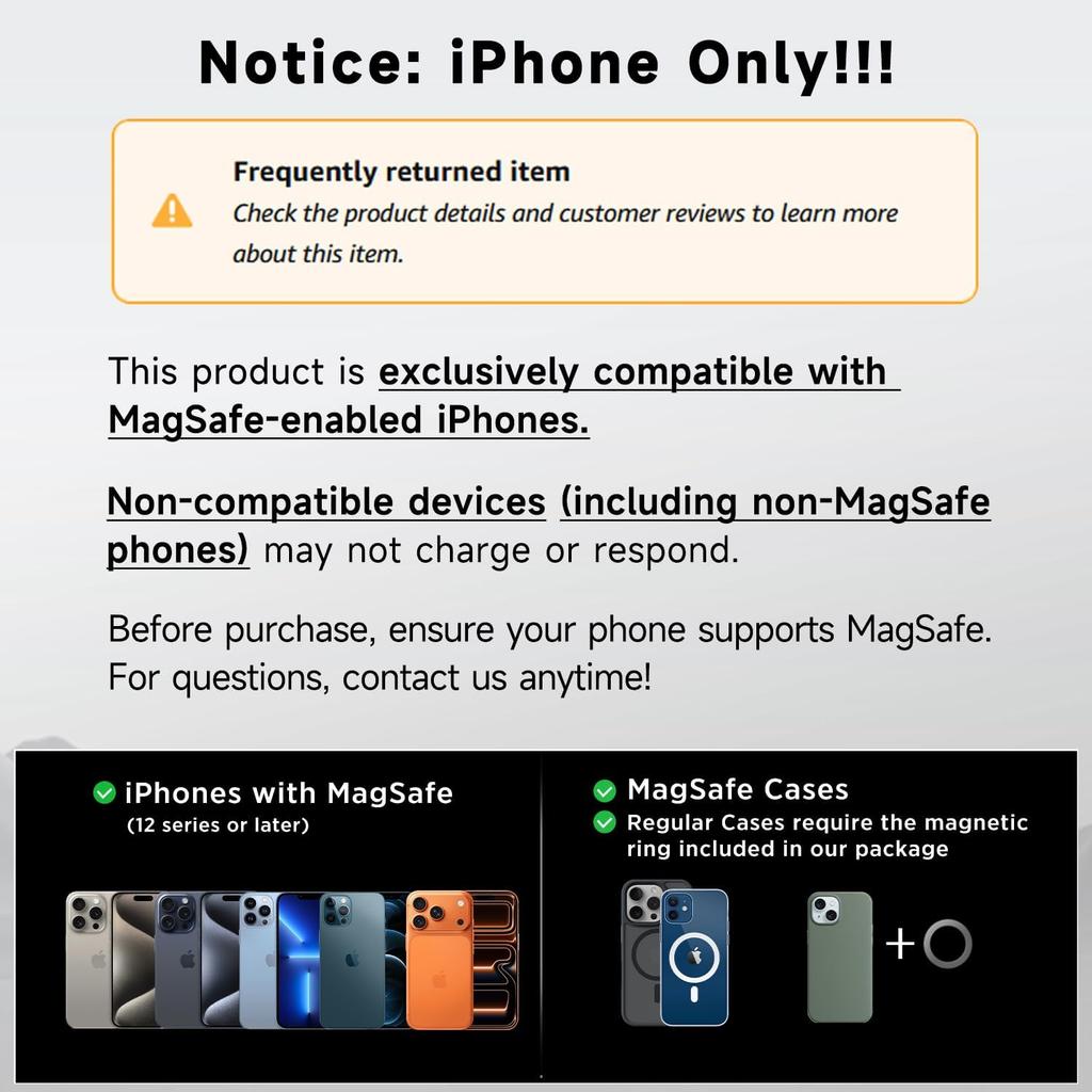 ACMEZING 15W Only for iPhone MagSafe Car Mount Charger, 360% Adjustable Aluminum Alloy Arm, Relocatable Car Phone Holder, Magnetic Wireless Fast