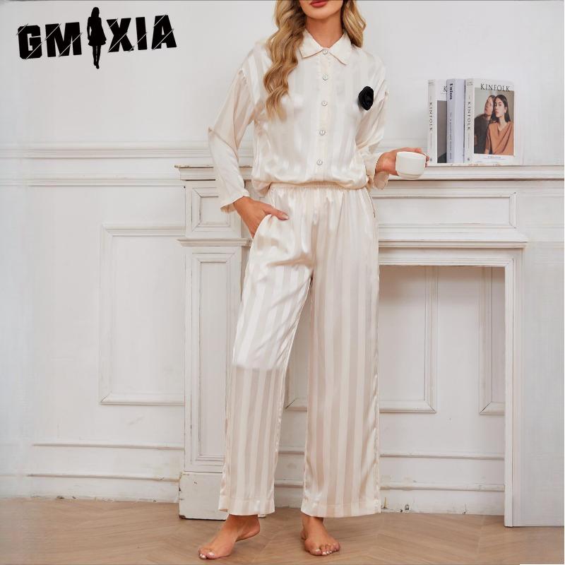 

GMXIA Pyjamas Female Autumn and Winter Simulation Silk Senior Sense of Home Wear Long-sleeved Trousers Ladies Suit Can Be Worn Outside! XL шампанского