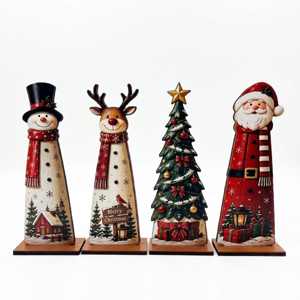 Separate Base Christmas Wooden Figurine Set Vintage Snowman Table Plaques  Window Display