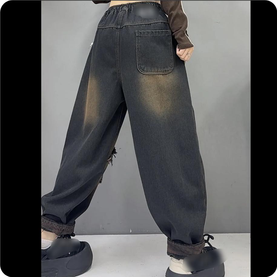 Plus Velvet Thickened Plus Size Winter Retro Distressed Loose and Thin Harlan Washed Warm Jeans Trend