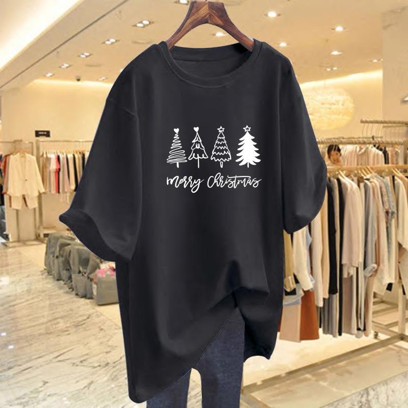 100% pure cotton new round neck medium and long short-sleeved versatile casual large size thin letter printing loose T-shirt women